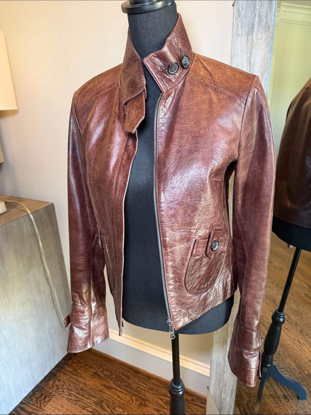 Billy Reid Cognac Brown Leather Zip Jacket
